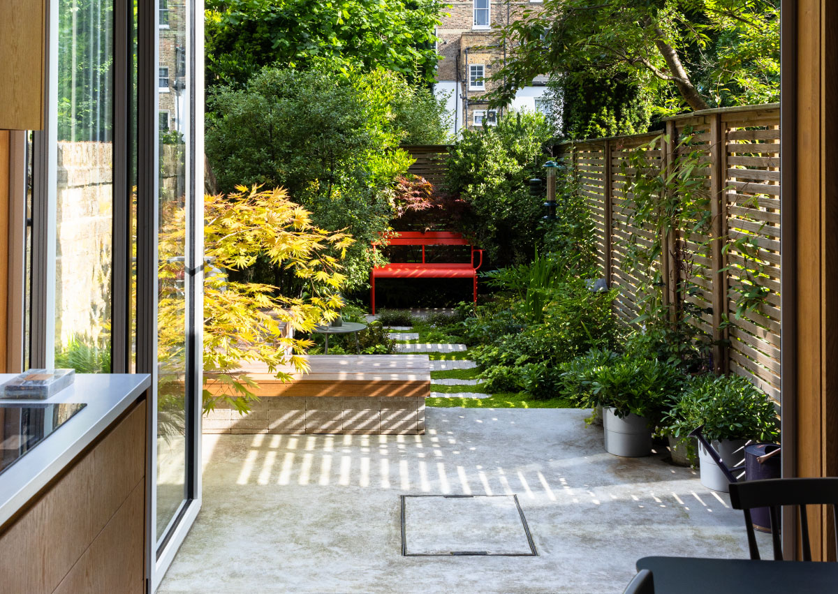 computer generated image of garden and garden office